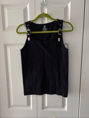I Believe Black Tank Top with Silver Buckle Straps